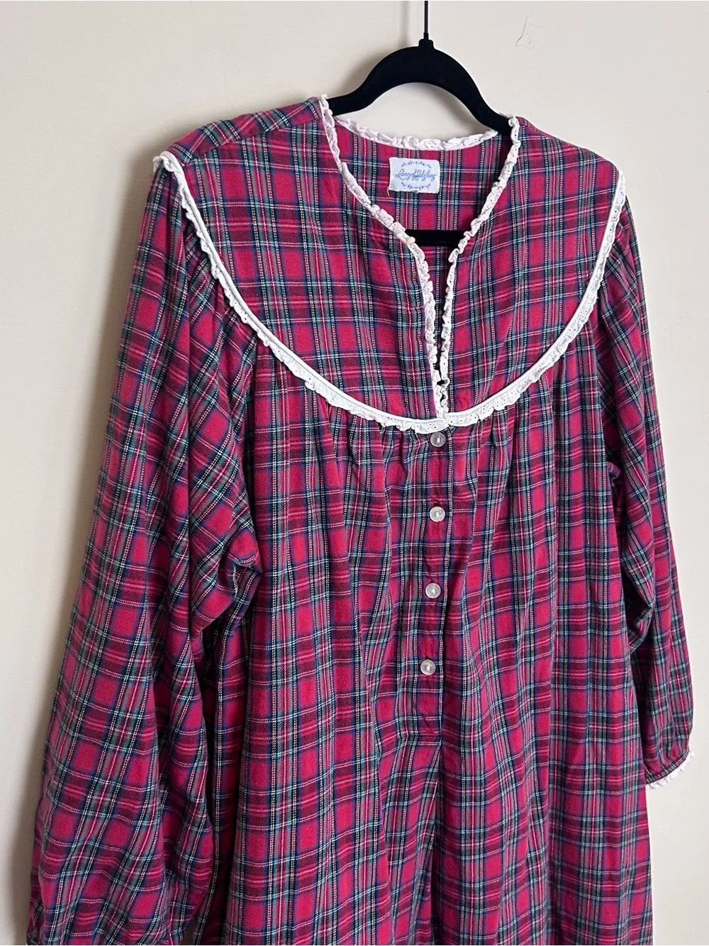 Vintage Lanz Of Salzburg Night Gown Women Large Red Plaid Flannel Ruffle Midi